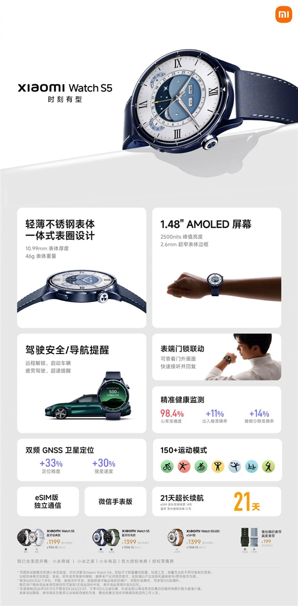 21天超长续航！小米Watch S5正式发布：1199元起