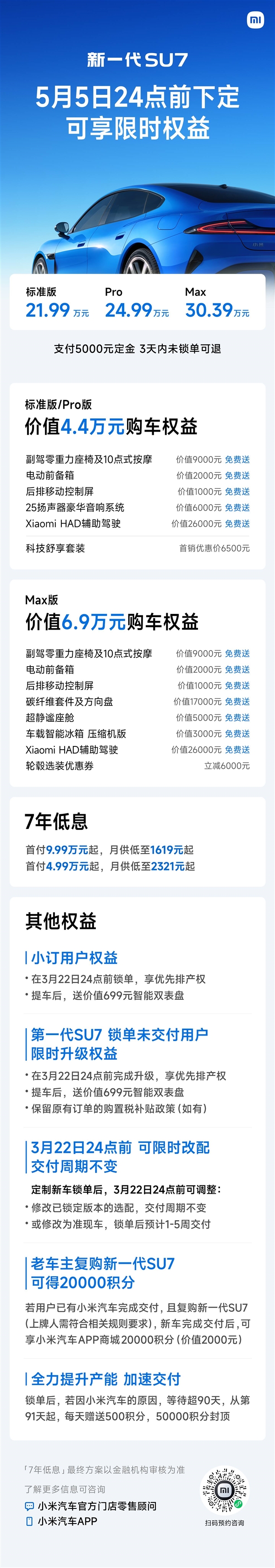 今晚21:30开定 定金5000元 3天内未锁单可退！新一代小米SU7选配指南一图看懂