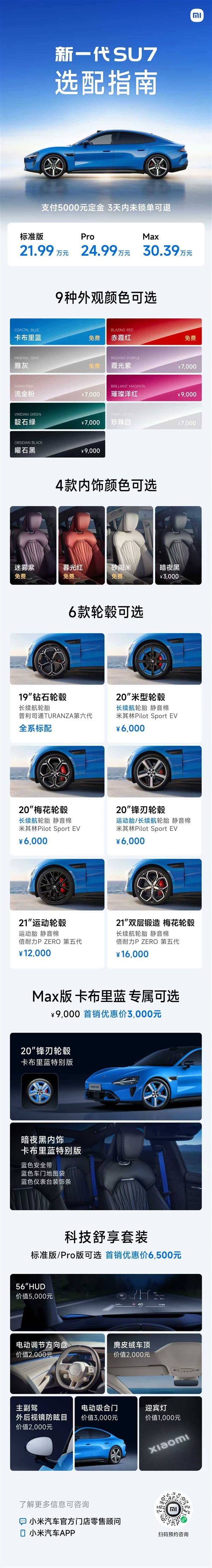 今晚21:30开定 定金5000元 3天内未锁单可退！新一代小米SU7选配指南一图看懂