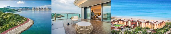 从左至右：小径湾艾美酒店周边的西线乌头山滨海绿道、珠海东澳岛万豪度假酒店海景露台客房、厦门万豪酒店及会议中心面朝大海