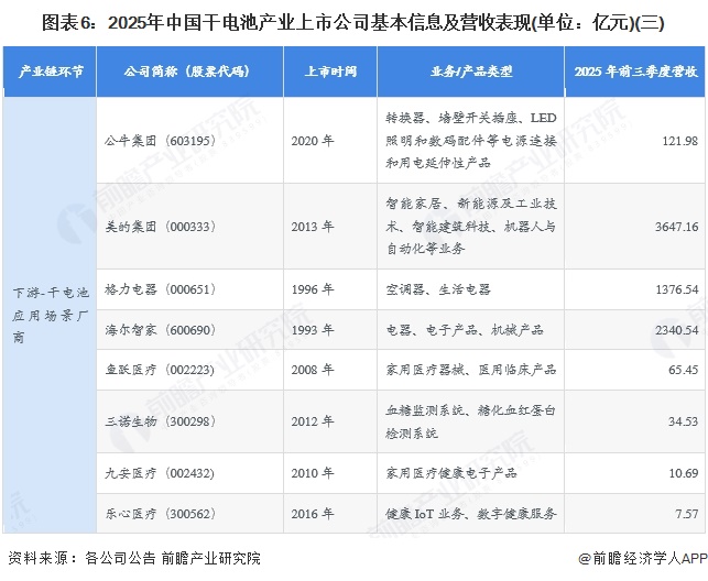 图表6：2025年中国干电池产业上市公司基本信息及营收表现(单位：亿元)(三)