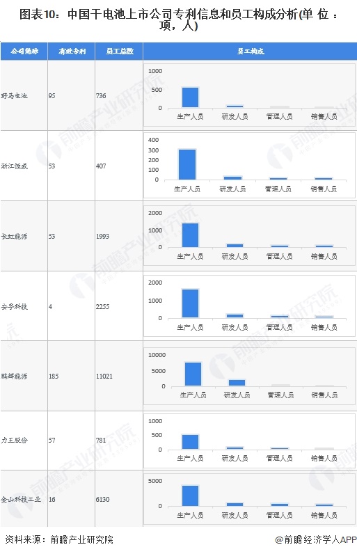 图表10：中国干电池上市公司专利信息和员工构成分析(单位：项，人)