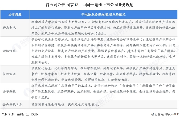 各公司公告 图表12：中国干电池上市公司业务规划