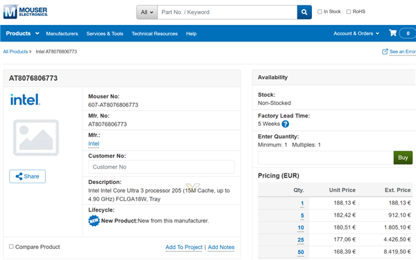 Intel入门酷睿Ultra 3 205现身零售商：8核8线程、要价近1300元