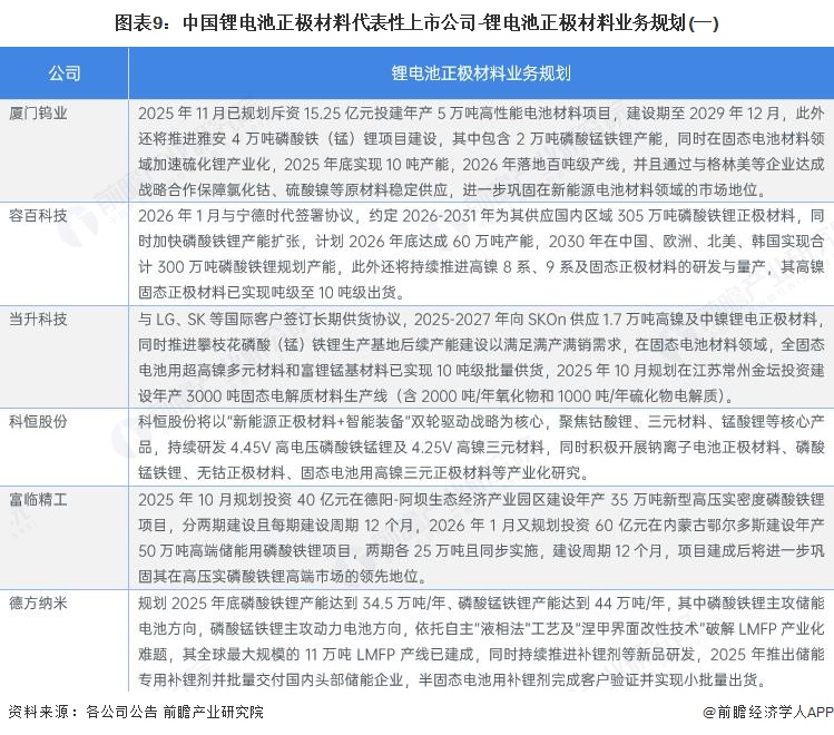 图表9：中国锂电池正极材料代表性上市公司-锂电池正极材料业务规划(一)
