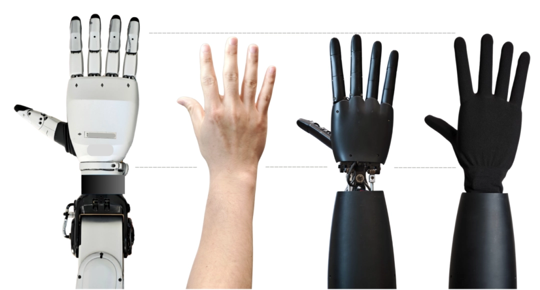 3 小时持续作业版本（左），人手（中，1 米 73 男性），优化版本（右，不戴 / 戴触觉手套）