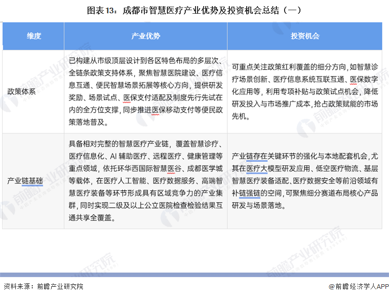 图表13：成都市智慧医疗产业优势及投资机会总结（一）