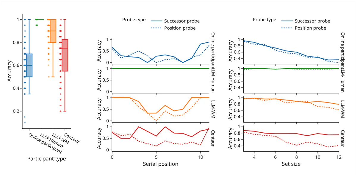 Working memory performance across multiple tests in the probed recall task, comparing online participants with LLM variants under different constraints. Left panel shows overall accuracy by participant type, with LLM-Human achieving near-perfect scores, while LLM-WM and Centaur show reduced accuracy closer to human levels; center panel plots accuracy by serial position for twelve-item trials, where humans show stronger recall at the beginning and end, LLM-Human shows no such pattern, and LLM-WM and Centaur reproduce it when guided or trained; right panels show accuracy as set size increases, with human performance declining under higher memory load, LLM-Human remaining largely unaffected, and LLM-WM and Centaur showing similar declines when prompted or trained to mimic human memory.