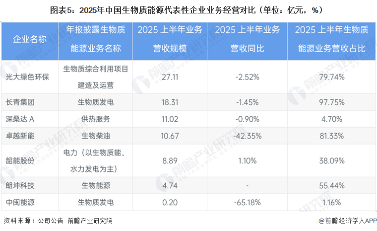 图表5：2025年中国生物质能源代表性企业业务经营对比（单位：亿元，%）