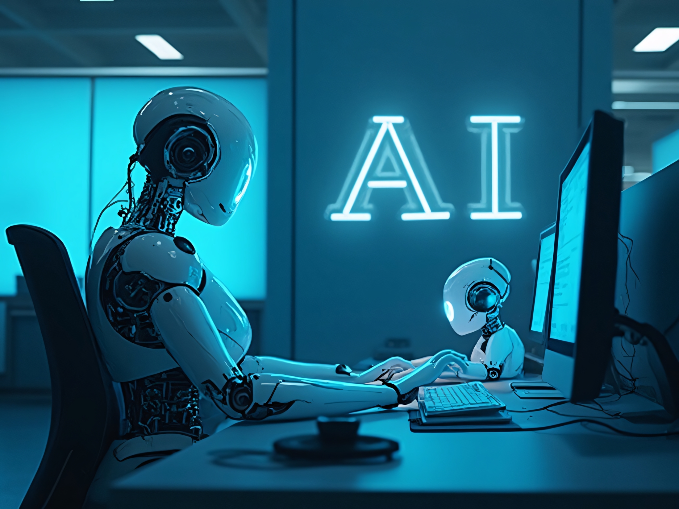 AI robotic workers in an office.