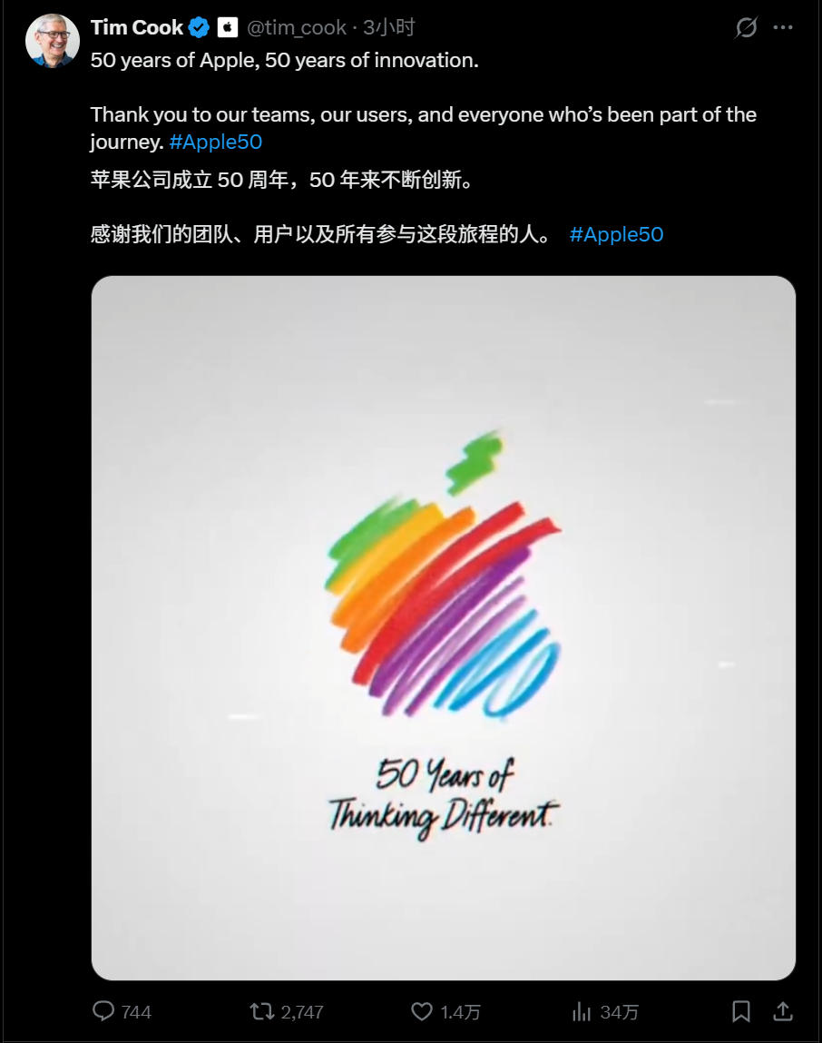 苹果，50岁生日快乐！