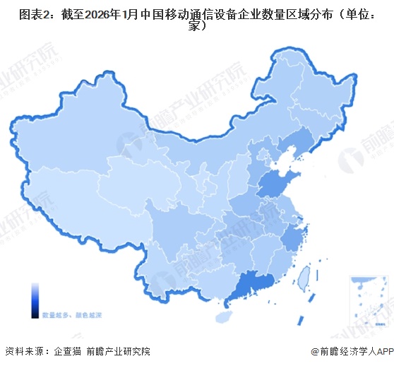 图表2：截至2026年1月中国移动通信设备企业数量区域分布（单位：家）