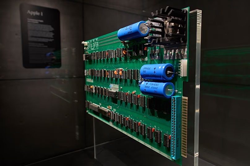The Apple 1 motherboard is displayed at the new Apple Museum which traces 50 years of the iconic brand's innovations, in Utrecht, Netherlands. 