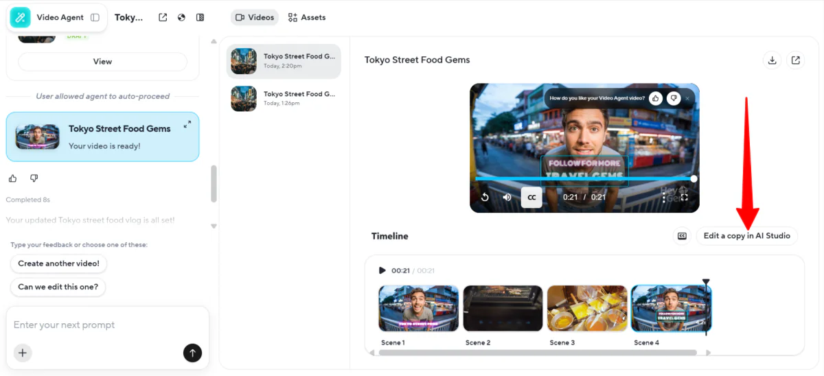 Editing a video generated with HeyGen in the AI studio.