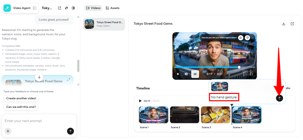 Telling HeyGen AI to remove the hand gesture from one of these scenes.