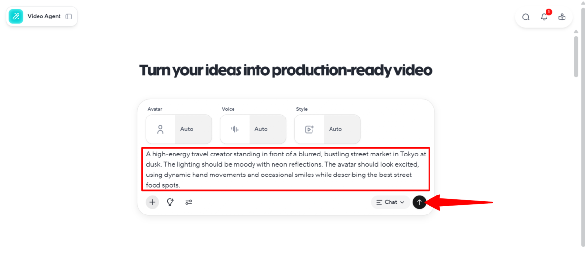 Giving HeyGen a prompt to chat and plan.