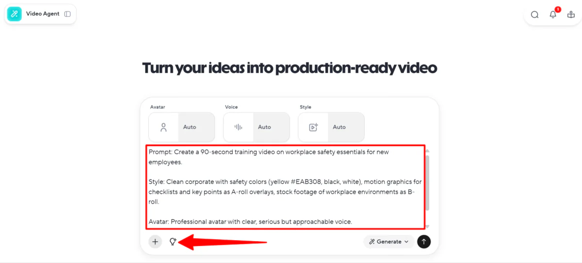 Getting HeyGen to generate a prompt idea.