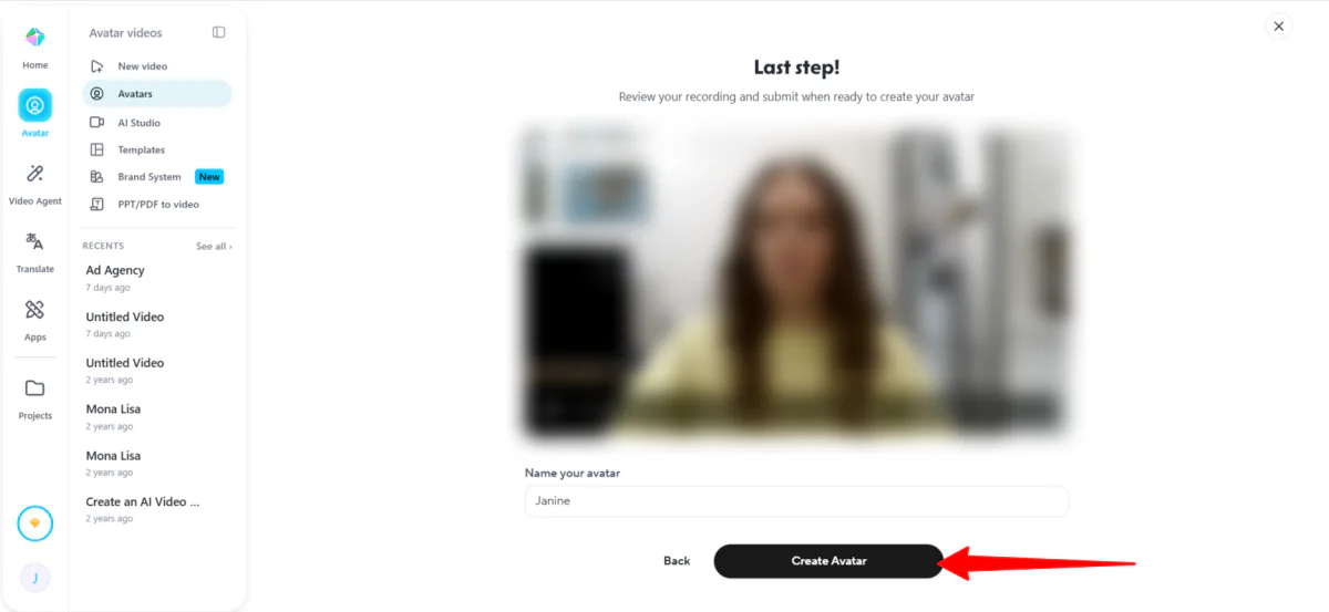 Uploading footage and creating an AI avatar with HeyGen.