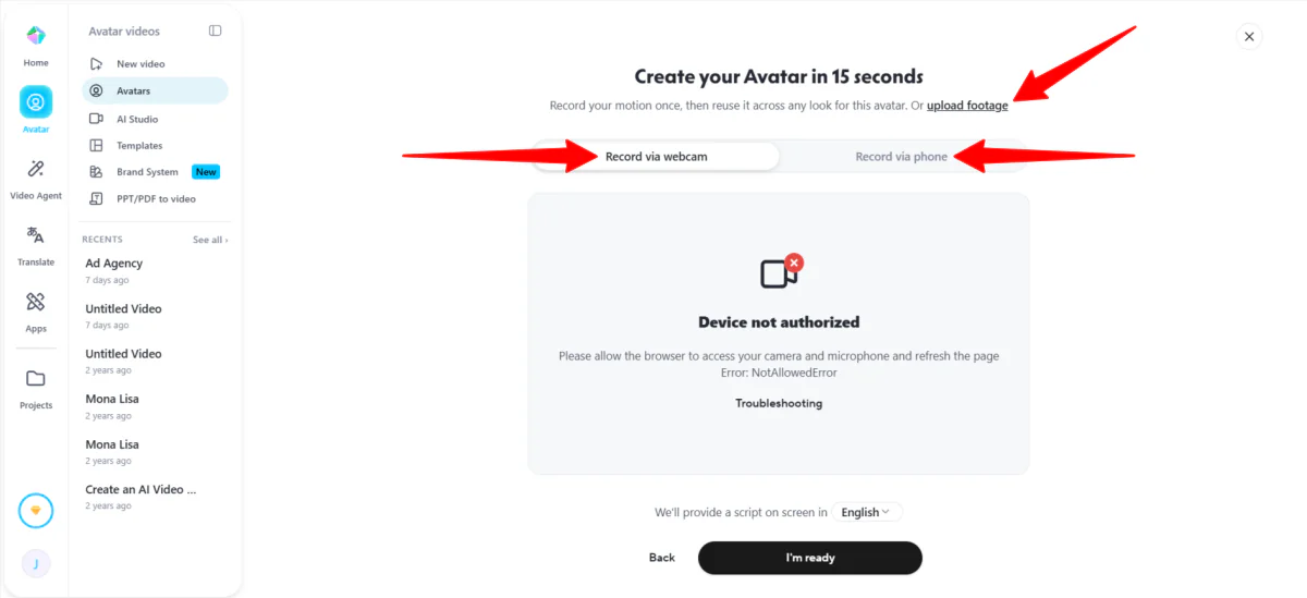 Creating an AI avatar by uploading footage to HeyGen.