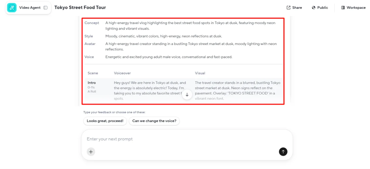 HeyGen describing the concept and scenes of a video to generate.