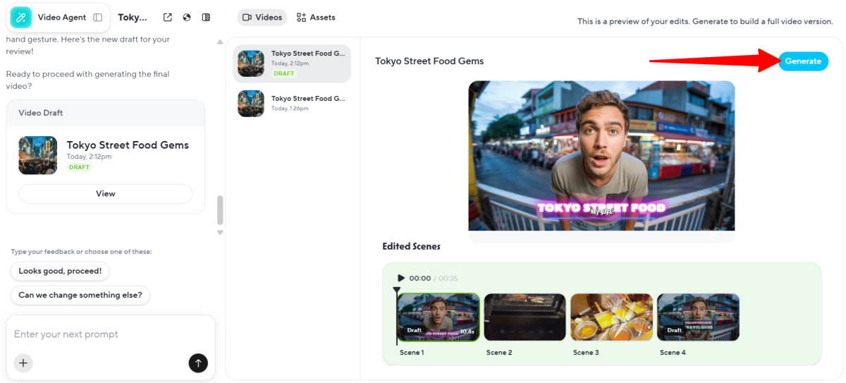 Generating the draft of a video edited with HeyGen's AI.