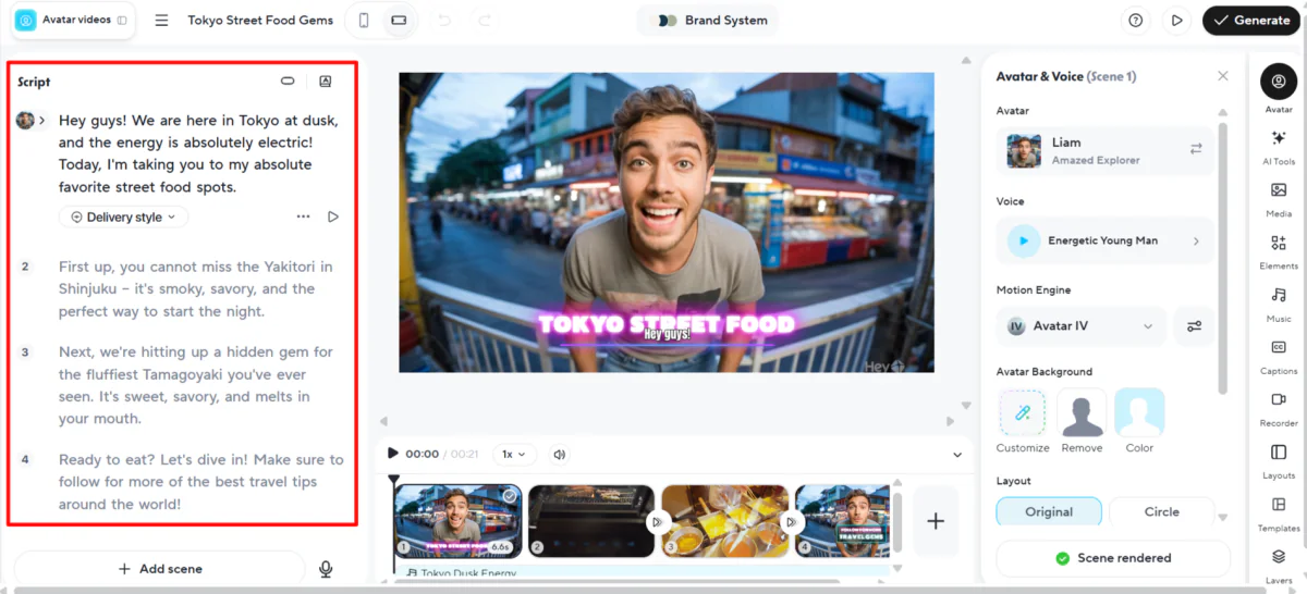 Editing a script for a video generated with HeyGen in the AI Studio.