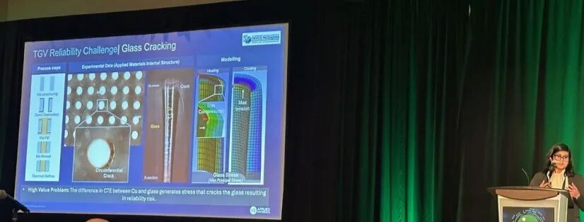 A presenter discusses glass cracking challenges in TGV reliability, showcasing experimental data and modeling on a screen.