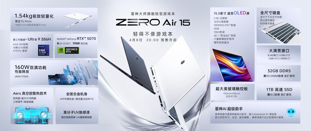 1.54kg重量承载160W双满功耗，新一代轻型游戏本雷神ZERO Air 15 预售开启