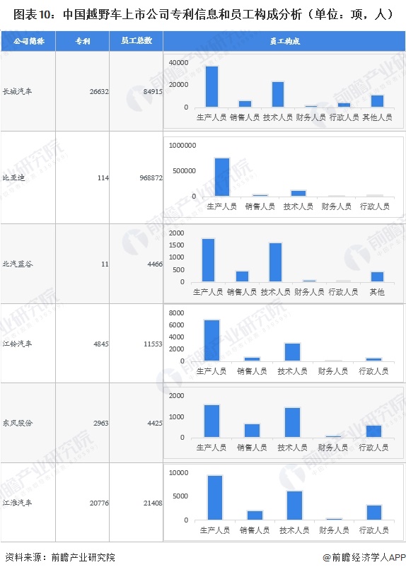 图表10：中国越野车上市公司专利信息和员工构成分析（单位：项，人）