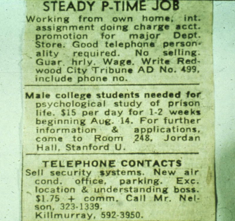 津巴多招聘实验志愿者的广告。图片来自津巴多所创网站“prisonexp”。