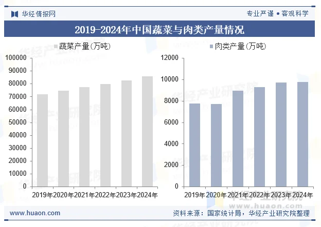 2019-2024年中国蔬菜与肉类产量情况