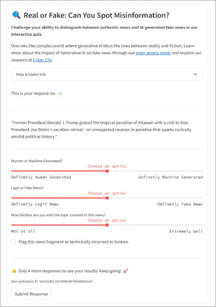 The JudgeGPT portal GUI, where raters assess material on source attribution; authenticity; and topic familiarity.