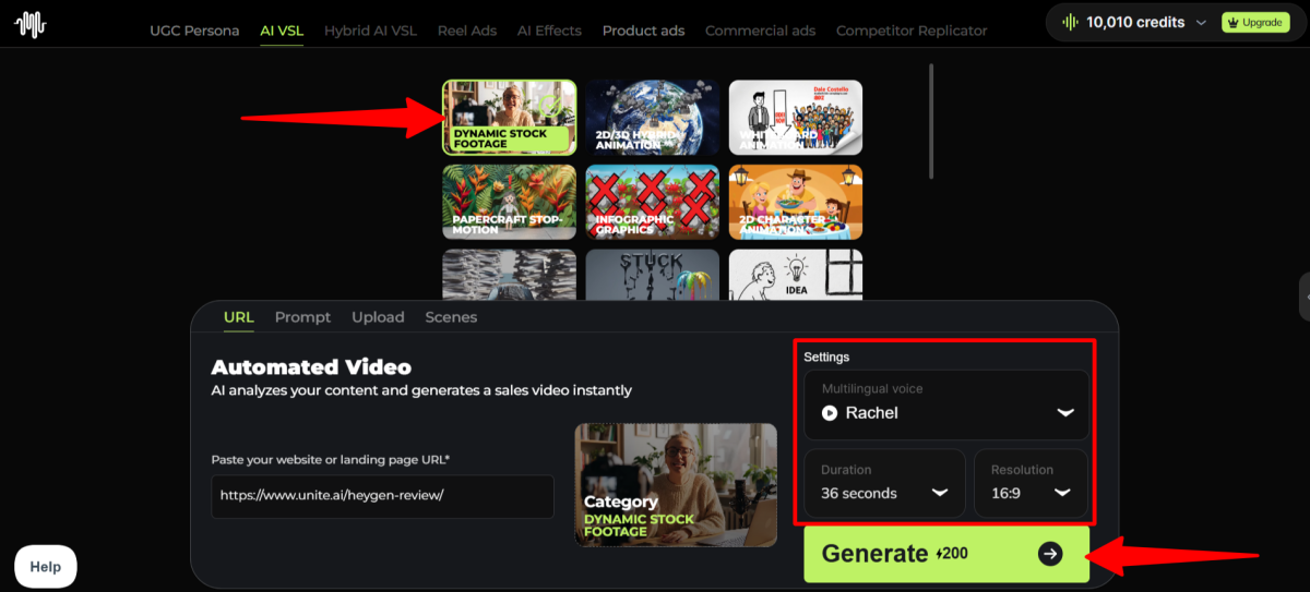 Choosing a style and adjusting the settings for a video generated from a URL using Synthesys.