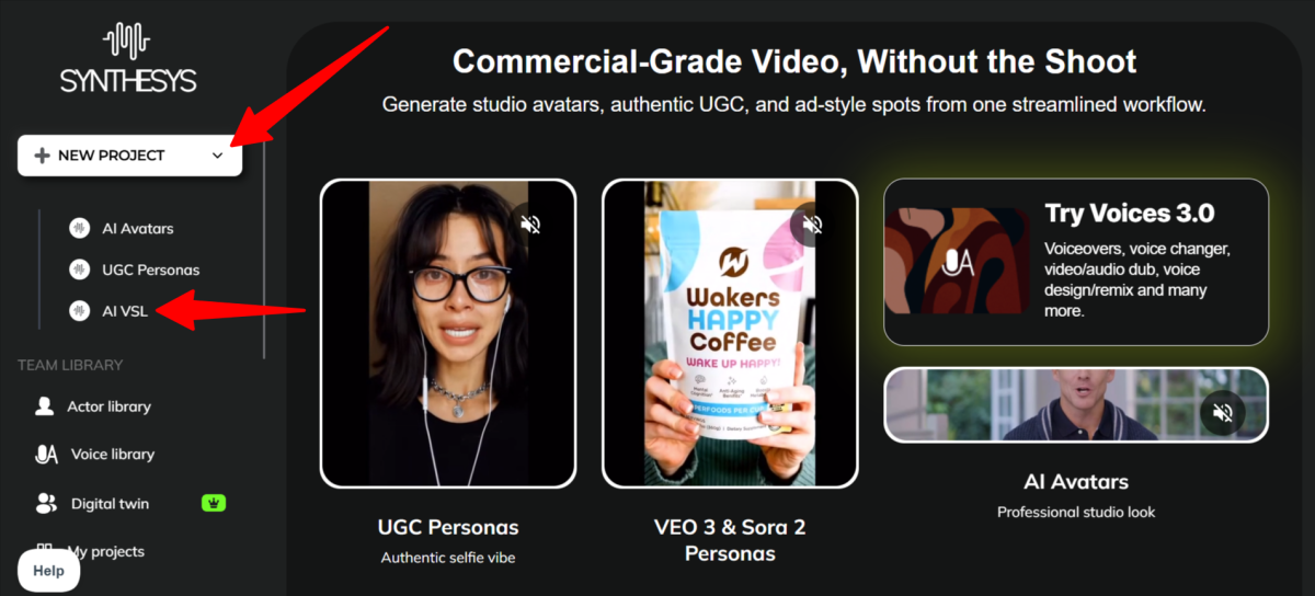 Choosing AI VSL for a new project to create in Synthesys.