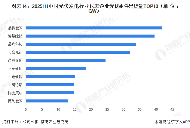 图表14：2025H1中国光伏发电行业代表企业光伏组件出货量TOP10（单位：GW）