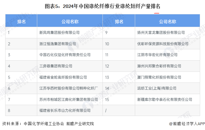 图表5：2024年中国涤纶纤维行业涤纶短纤产量排名