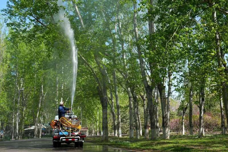 △4月11日，在北京奥林匹克森林公园，工作人员在用加入了凝絮剂的水喷洒杨树。