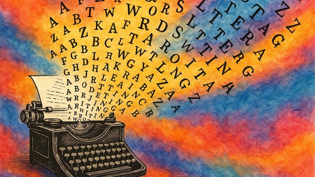 a typewriter with letters flowing out of it on a rainbow tie dye background
