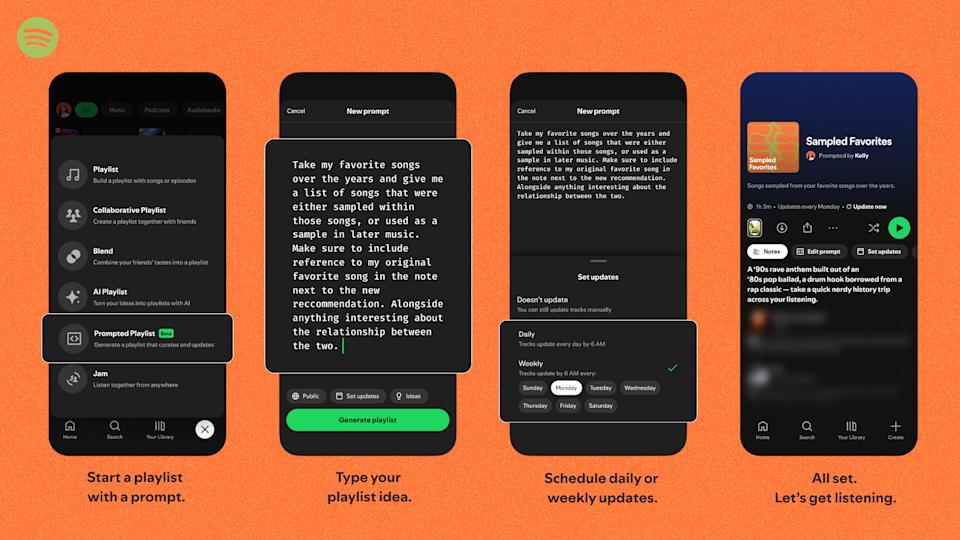 Four screens showing the steps to produce a Spotify Prompted Playlist
