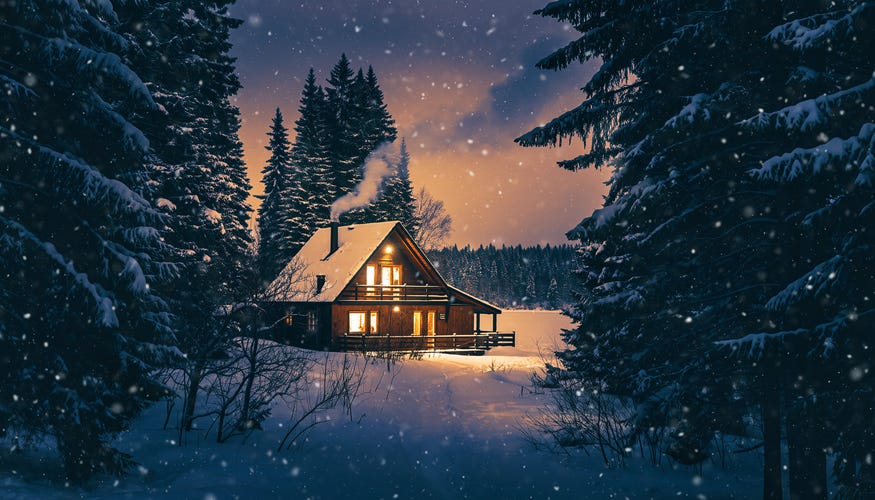 a cozy log cabin in a snowy forest