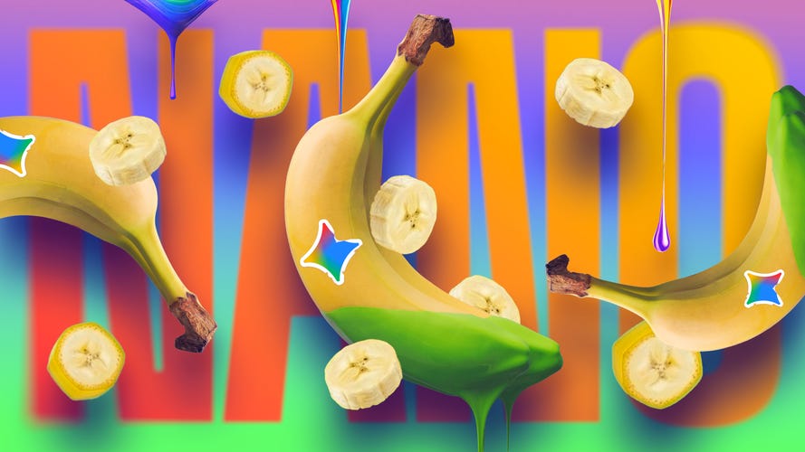 Bananas and banana slices float in space with a Gemini sticker, dripping rainbow paint, against a vibrant gradient with large "NANO" text