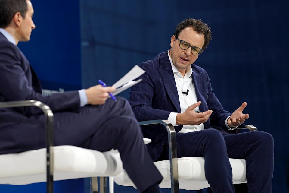 NEW YORK, NEW YORK - DECEMBER 03: (L-R) Andrew Ross Sorkin and Dario Amodei speak onstage during The New York Times DealBook Summit 2025 at Jazz at Lincoln Center on December 03, 2025 in New York City.  (Photo by David Dee Delgado/Getty Images for The New York Times)