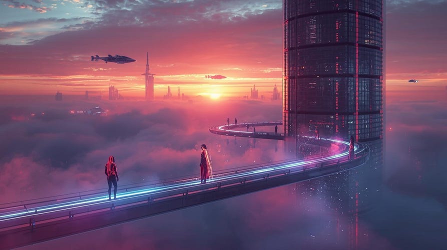 A futuristic space world highway at sunset