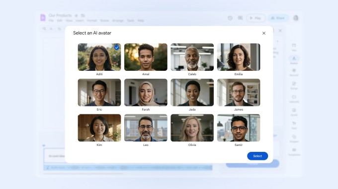 An image showing options for choosing different AI avatars in Google's Vids editor tool