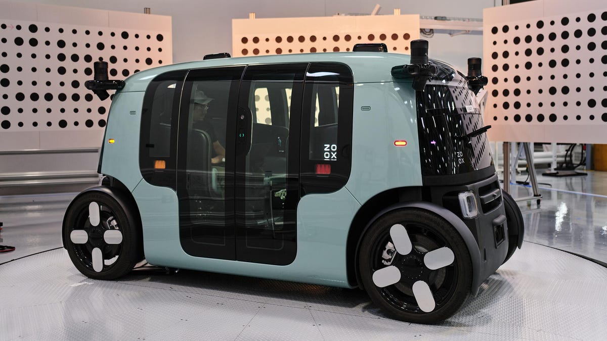 A Zoox robotaxi at the company's new serial production facility