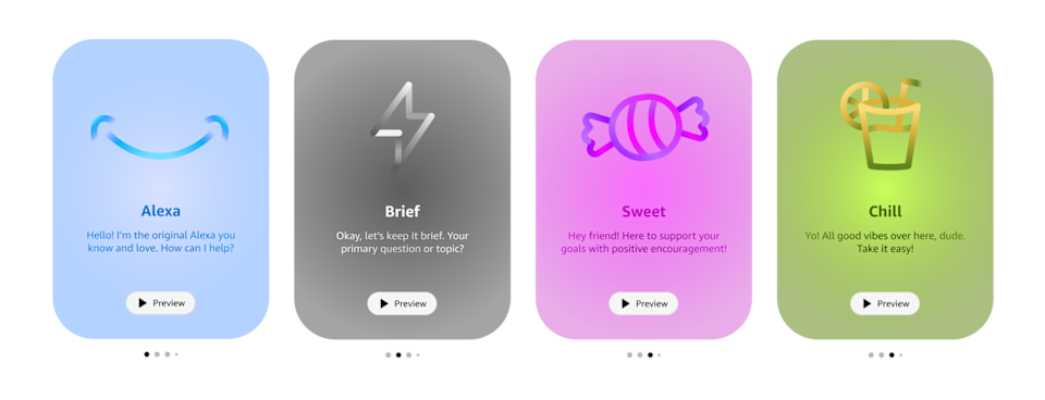 Illustration explaining the three different personality styles users can apply to the Alexa+ assistant.
