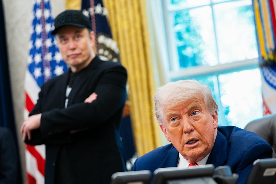 US President Donald Trump speaks during a news conference with Elon Musk (L) in the Oval Office of the White House in Washington, DC, on May 30, 2025.         