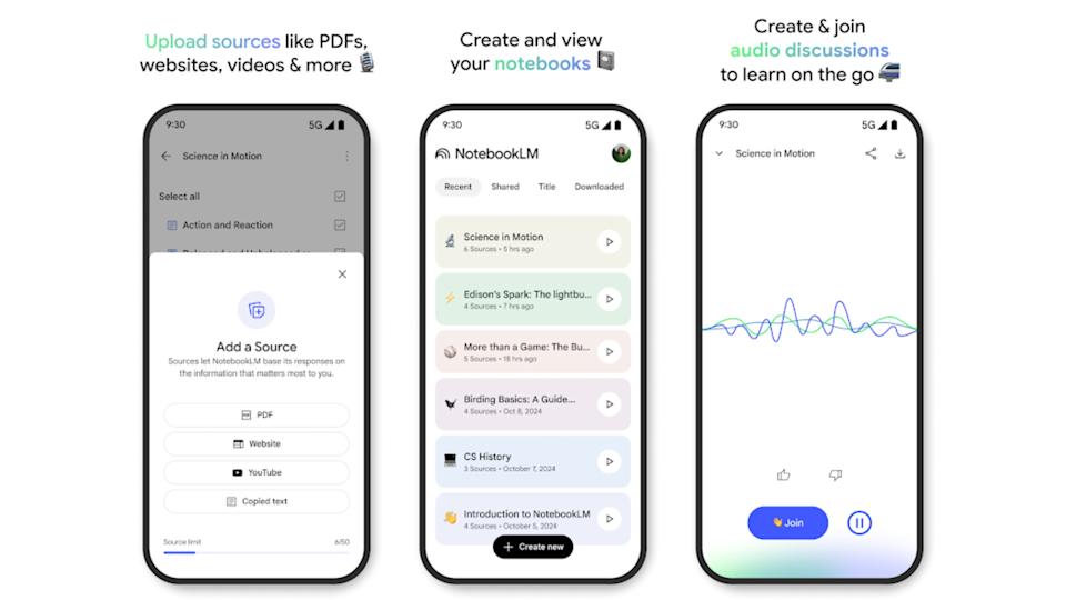 Three screenshots from the App Store page for NotebookLM showing off source uploading, notebook creation and audio overviews.
