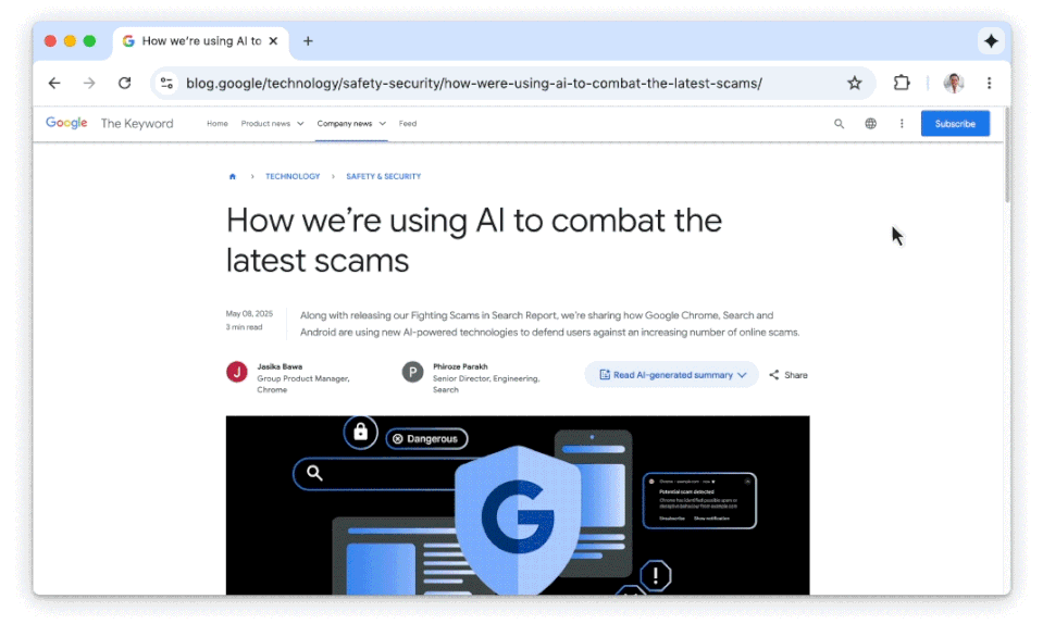 A GIF demonstrating Gemini in Chrome, which is accessible through a new dedicated shortcut.