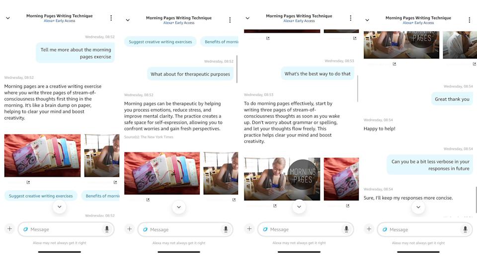 Four screenshots showing a conversation with Alexa+ about the 